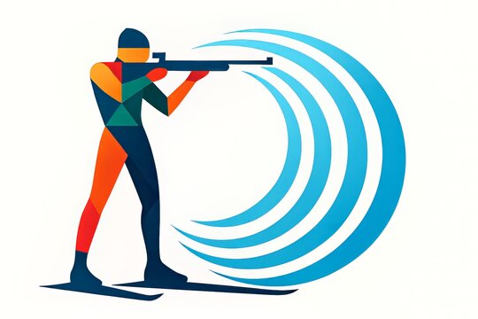 Biathlon winter sports athlete skier aiming rifle with abstract waves