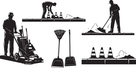 Construction Workers with Road Maintenance Equipment Silhouettes at Work