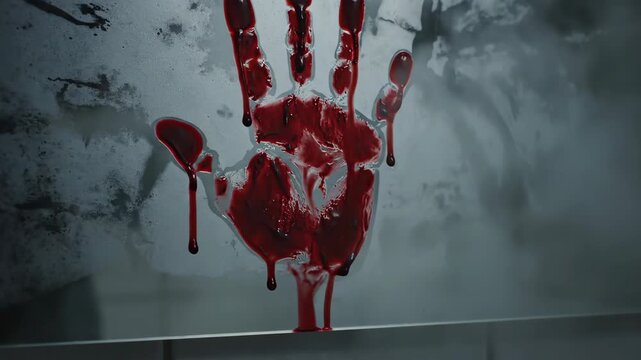 Bloody handprint on a reflective surface with blood slowly dripping. Horror and crime scene concept. Unsettling visual for suspenseful content