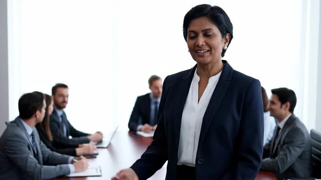A confident Indian businesswoman leads a meeting with her diverse team in a modern office conference room. Professional and collaborative setting.