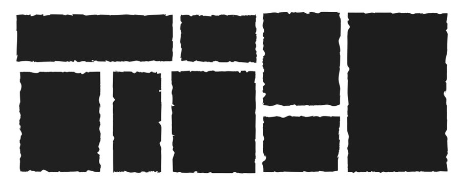 Grunge black torn paper frames. Jagged edge rectangles and ripped silhouettes for collage, sticker design, banners, labels and text boxes, vector elements isolated on white background
