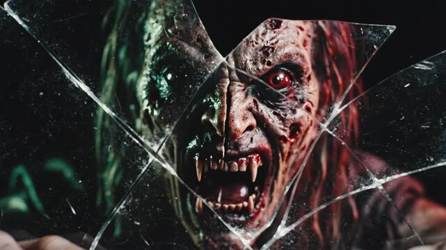Horror monster behind broken glass. Scary demon with fangs and red eyes revealed in close-up. Terrifying creature with special effects makeup. Dark fantasy suspense