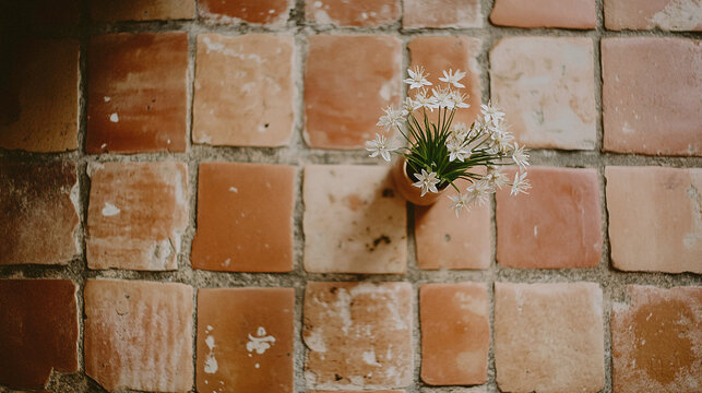 Rustic terracotta tile floor adorned with a small pot of delicate white wildflowers, creating a charming and natural ambiance