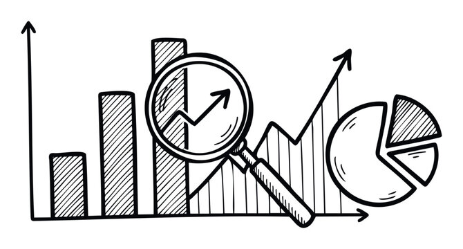 Hand drawn doodle style data analysis and financial growth visualization featuring charts and graphs for business planning presentations and report summaries