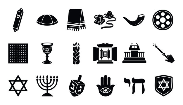 Comprehensive collection of essential Jewish symbols and religious items for educational materials, holiday greetings, or cultural event promotions