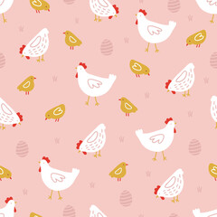 Easter seamless pattern with hens, chicken and eggs on pink background. Perfect for wallpaper, gift paper, spring greeting cards. Vector hand drawn illustration