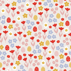 Easter seamless pattern with flowers and eggs on white background. Perfect for wallpaper, gift paper, spring greeting cards. Vector hand drawn illustration