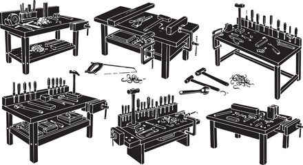 Various Workbenches with Tools and Equipment for Different Tasks
