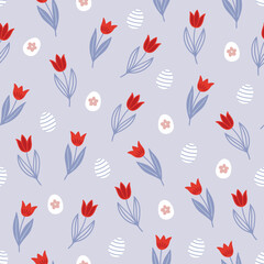 Easter seamless pattern with tulips and eggs on light blue background. Perfect for wallpaper, gift paper, spring greeting cards. Vector hand drawn illustration