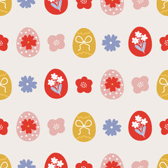 Easter seamless pattern with different eggs and flowers on white background. Perfect for wallpaper, gift paper, spring greeting cards. Vector hand drawn illustration