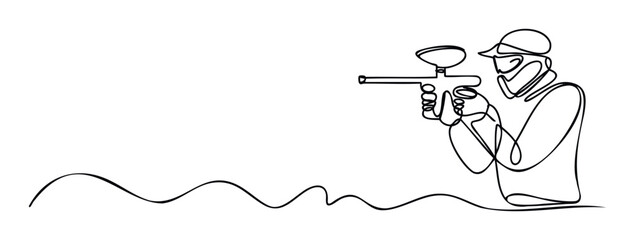 Energetic continuous line drawing depicting a dynamic person engaged in paintball sport activity, perfect for active lifestyle promotions and adventure game advertisements.