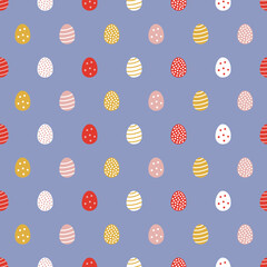Easter seamless pattern with coloful eggs on blue background. Perfect for wallpaper, gift paper, spring greeting cards. Vector hand drawn illustration
