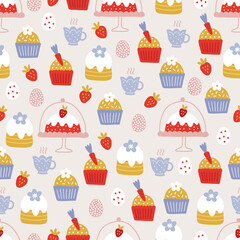 Easter seamless pattern with cupcakes, cups, eggs, cakes, strawberries on white background. Perfect for wallpaper, gift paper, spring greeting cards. Vector hand drawn illustration
