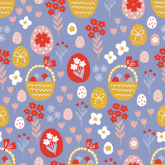 Easter seamless pattern with baskets, flowers, eggs on blue background. Perfect for wallpaper, gift paper, spring greeting cards. Vector hand drawn illustration