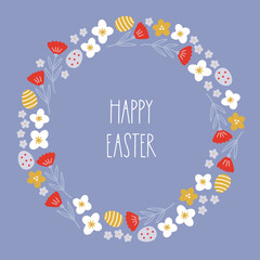 Easter greeting card with eggs and colorful flowers on blue background. Perfect for seasonal holidays and decorations. Hand drawn frame, wreath