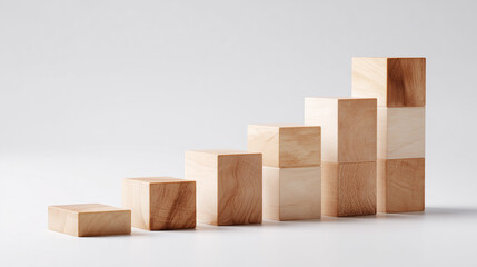 Minimalist business concept of wooden blocks arranged in a rising step formation, symbolizing progressive growth, career advancement, and strategic success