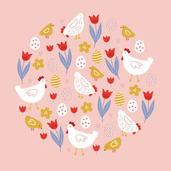 Easter greeting card with hen, chicken, tulip, eggs on pink background. Circle ornament. Perfect for seasonal holidays and spring decorations. Vector illustration