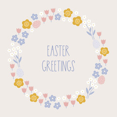 Easter greeting card with tender flowers and eggs on white background. Perfect for seasonal holidays and decorations. Hand drawn frame, wreath