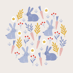 Easter greeting card with rabbit, berries, carrot, eggs, leaves, flowers on white background. Circle ornament. Perfect for seasonal holidays and spring decorations. Vector illustration