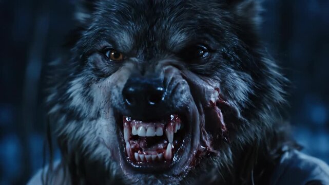 Woman's terrifying werewolf transformation. Close-up of a snarling monster with fangs and blood. Horror and supernatural creature concept