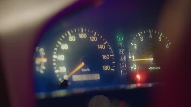 illuminated instrument cluster at night clear speedometer and tachometer, green gear indicator active, odometer digits visible, soft purpleblue glow on interior, calm reflective mood, highway journey