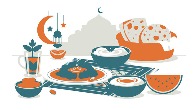 Vibrant Ramadan iftar table setting with traditional food and decorations