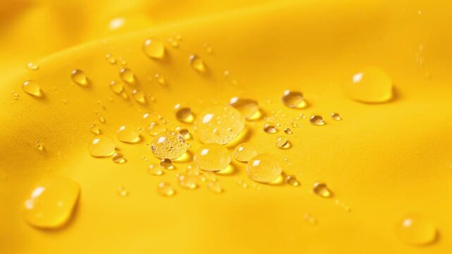 Water pouring on waterproof yellow fabric. Drops splashing and beading on hydrophobic textile surface.