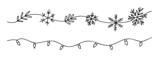 Obraz premium Elegant hand drawn winter borders featuring a whimsical garland with snowflakes and leaves paired with a charming string of illuminated light bulbs, ideal for festive greetings and seasonal