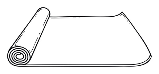 Minimalist outline depiction of a partially unrolled yoga mat, ideal for fitness, exercise, or sportsthemed graphic designs and wellness promotional materials.