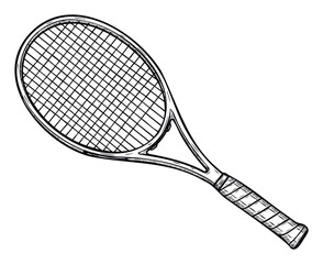 Obraz premium Detailed hand drawn tennis racket graphic with textured grip for professional sports themed posters, active lifestyle merchandise, and athletic equipment promotions.