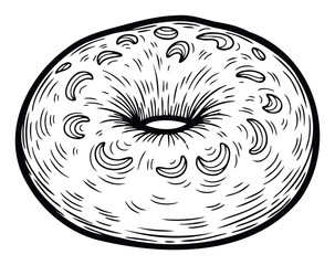 Stylized monochrome illustration of a circular donut or bagel with various toppings and textures, ideal for culinary promotions, snack imagery, dessert menus, and breakfast advertisements.