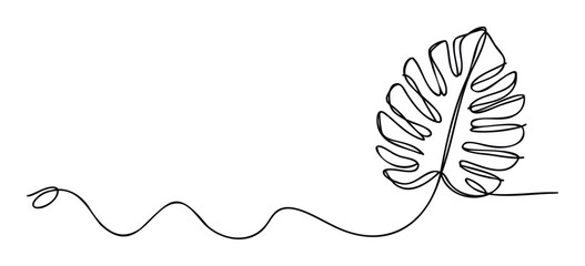Fototapeta premium Continuous line drawing of a tropical monstera leaf connected by a fluid wavy stroke, perfect for modern minimalist botanical concepts, natural decor, and abstract plant themes.
