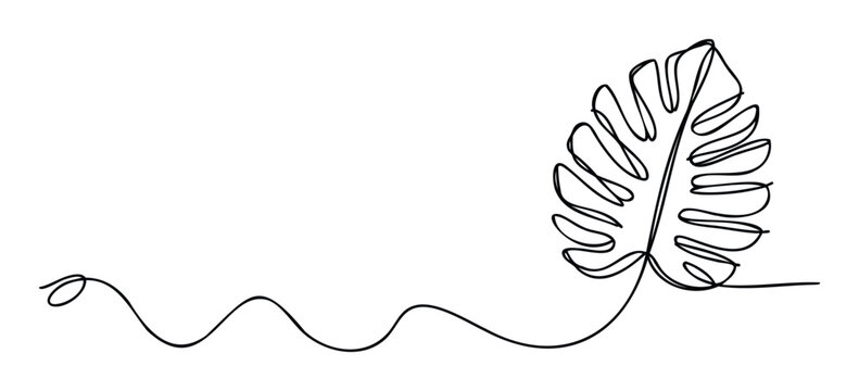 Continuous line drawing of a tropical monstera leaf connected by a fluid wavy stroke, perfect for modern minimalist botanical concepts, natural decor, and abstract plant themes.