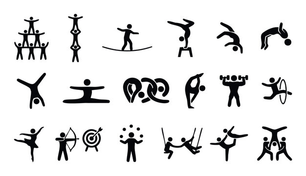 Dynamic collection of gymnastic and circus performance silhouettes featuring acrobats, dancers, jugglers, and balance acts for sports, entertainment, or fitnessrelated graphic applications
