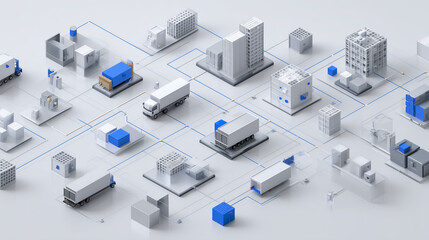 Abstract and structured supply chain management concept visual, showcasing an interconnected logistics network with 3D isometric building and vehicle icons on a clean white background