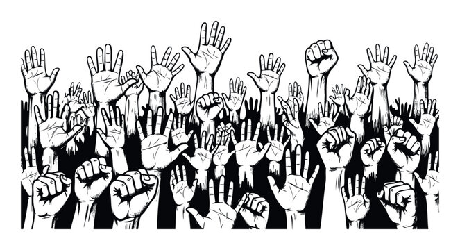 Numerous raised hands and clenched fists symbolize powerful human unity and a collective call for action, useful for various political or social awareness campaigns