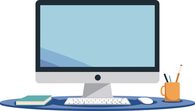 Minimalist Desktop Workspace Vector with Monitor and Tools. Modern Computer Desk Setup Illustration for Productivity Themes.