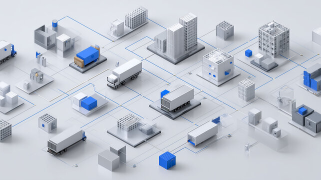 Abstract and structured supply chain management concept visual, showcasing an interconnected logistics network with 3D isometric building and vehicle icons on a clean white background