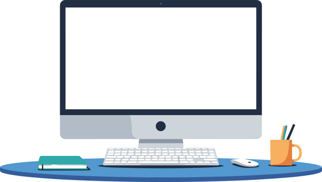 Minimalist Desktop Workspace Vector with Monitor and Tools. Modern Computer Desk Setup Illustration for Productivity Themes.