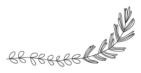 A graceful monochrome line drawing of a curving botanical branch with minimalist leaves perfect for natural themed invitations or simple decorative accents on various digital and print