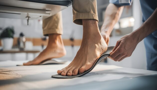 Medical specialist assists a patient with custom orthotics fitting for improved foot health and comfort