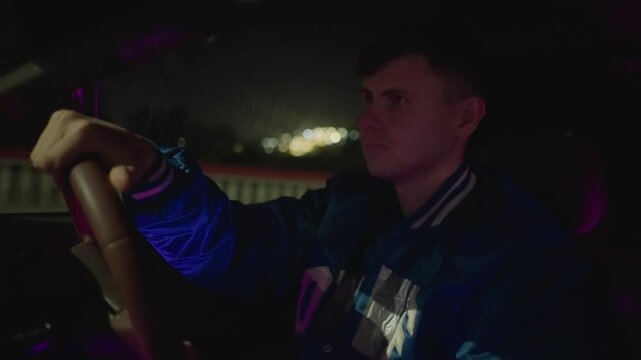 Night car interior caucasian driver introspective cruise. Moody neon purple glow, varsity jacket, steady hands on wheel, dashboard lights flicker, solitary slow drive, shifting roles between college