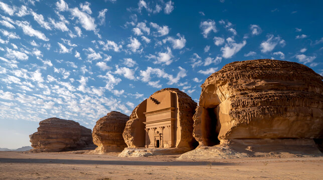 Madain Saleh, Saudi Arabia with rock formations and ancient structures