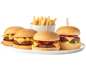 set of  cheeseburgers and fries on white plate isolated on a transparent background fast food meal