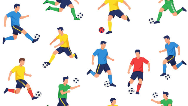 Modern seamless vector pattern featuring multiple soccer players in energetic movement poses