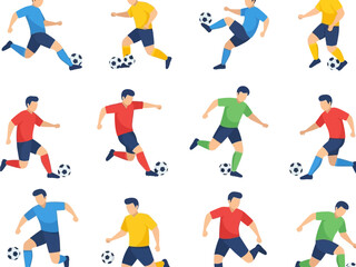 Fototapeta premium Modern seamless vector pattern featuring multiple soccer players in energetic movement poses