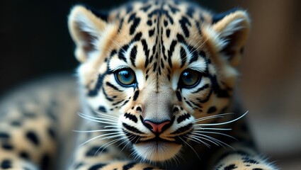 Fototapeta premium A close-up portrait of a leopard cub with striking blue eyes and detailed fur patterns in a dark environment