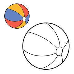 Cute beach ball colouring page for children. Simple black and white outline plus a coloured reference ball . Educational worksheet, kids colouring activity, printable vector illustration.