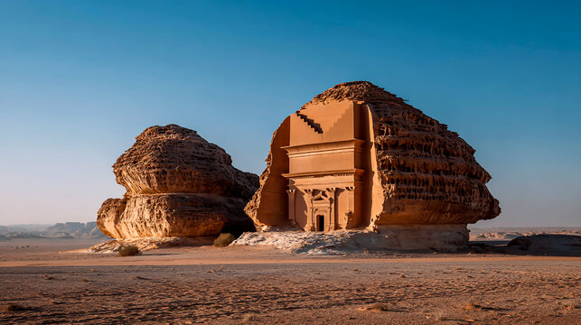 Madain Saleh, Saudi Arabia with rock formations and ancient structures