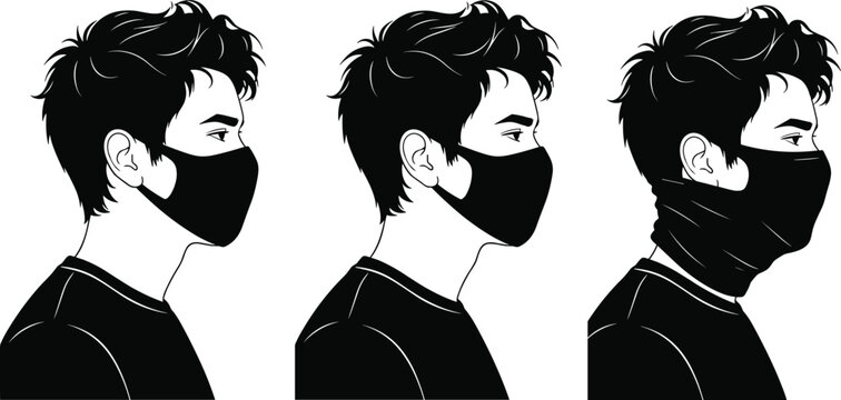 Black silhouette illustration of young man wearing face mask in side profile views, modern healthcare protection concept, pandemic safety, fashion portrait style isolated on white background